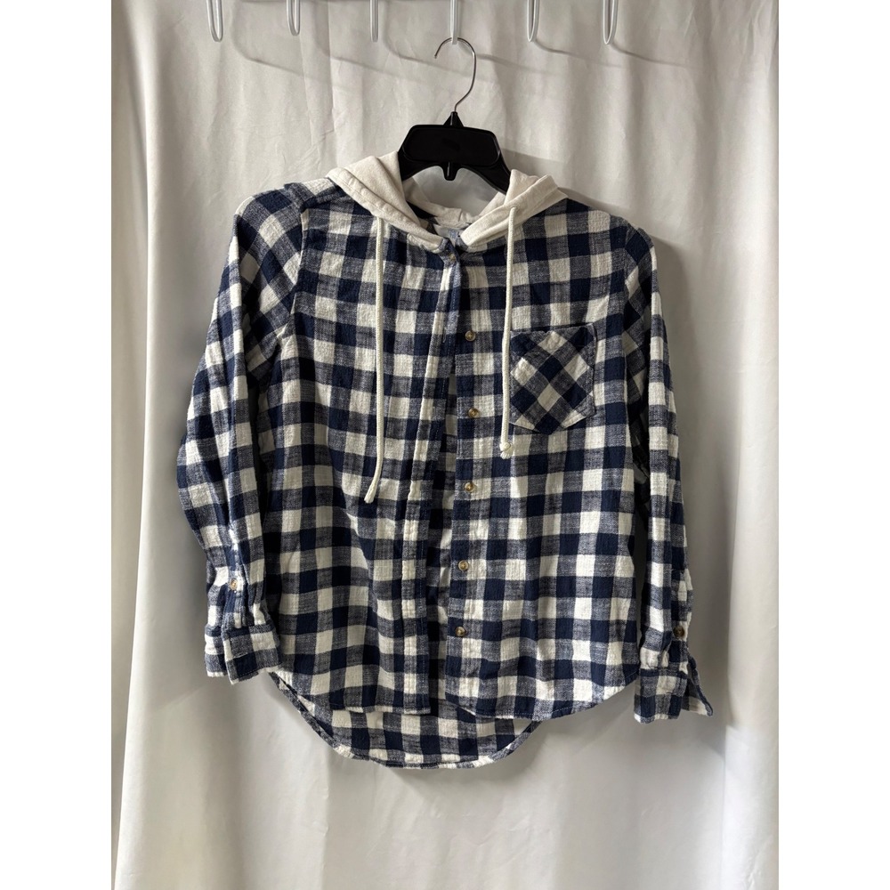 Time and Tru Womens Navy White Buffalo Plaid Hooded Flannel Shirt Small 4-6